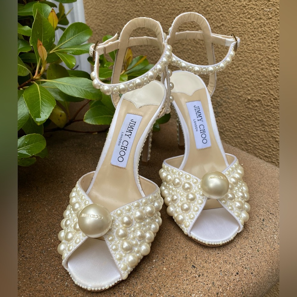 New Jimmy Choo Sacora 100 White Satin Sandals with All Over Pearls 36 - Picture 14 of 17